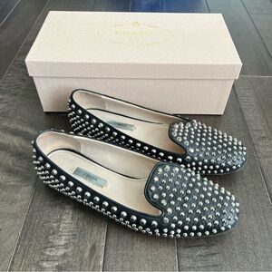 Prada Black Leather Studded Loafers
